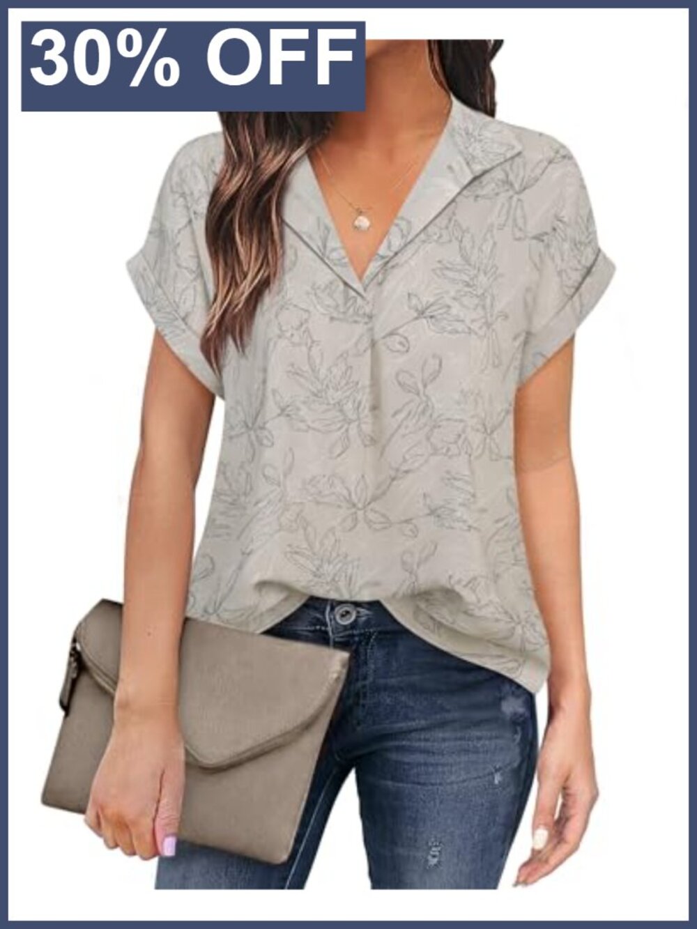 Women's Short Sleeve Chiffon Blouse V-Neck Collared Office Work Shirt